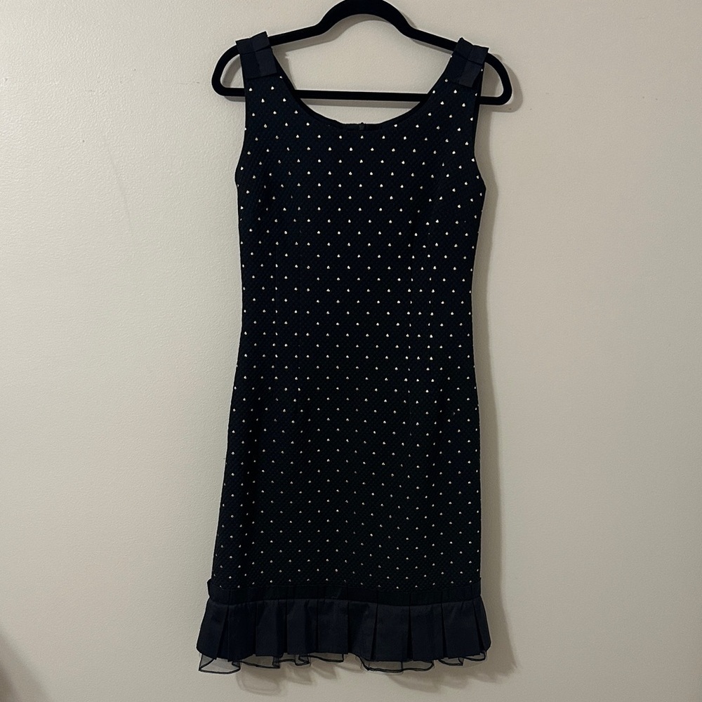 Sara Campbell Black Jacquard Dress Gold Dots Ruffle Detail Sz 10 Party Chic